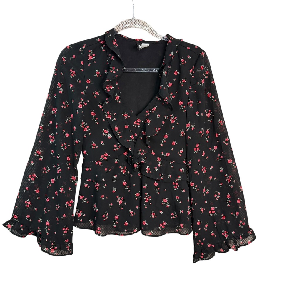 H&M Divided Black Floral Ruffle Chiffon Blouse‎ Bell Sleeve XXS